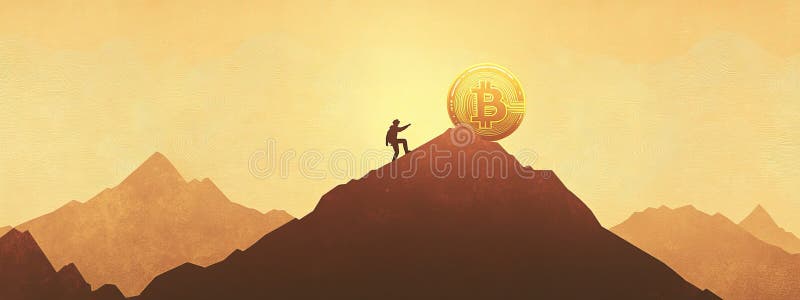 Trader silhouette climbs crypto chart with golden Bitcoin digital money banner royalty free illustration