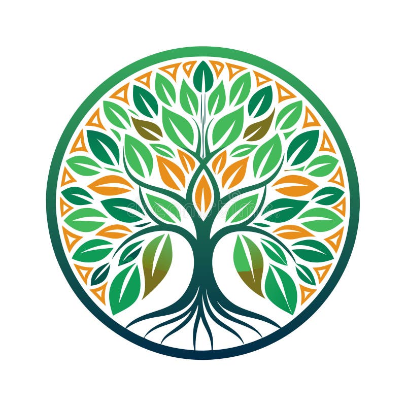 Abstract Tree of Life Logo Design within a Circular Frame stock illustration