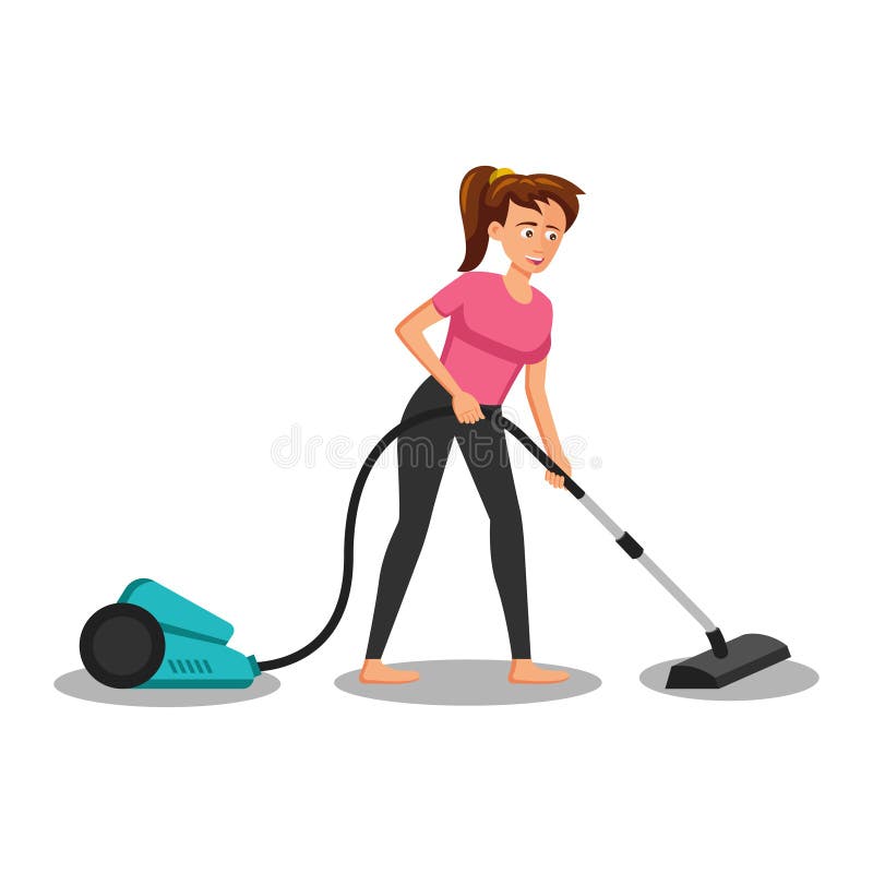 Flat Design of Cartoon Character of Woman Vacuuming Stock Vector ...