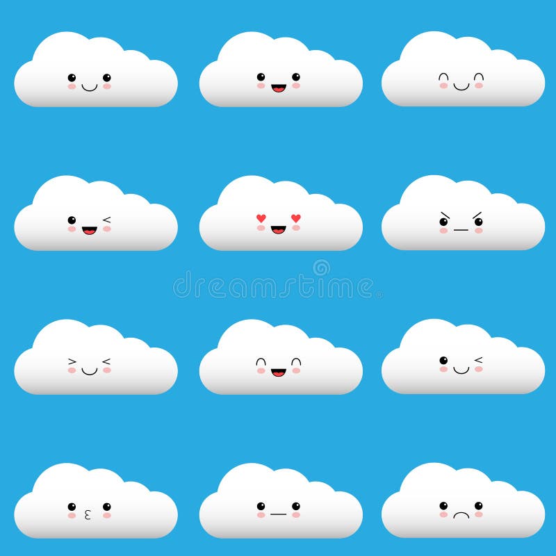 Flat design cartoon cute cloud character with different facial expressions, emotions. Set, collection of emoji on blue vector illustration Flat design cartoon cute cloud character with different facial expressions, emotions. Set, collection of emoji on blue vector illustration