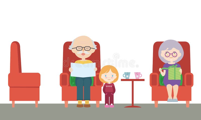 Flat Design Cartoon Illustration of a Grandfather and Grandmother Sitting  on a Chair and Grandchild on a Visit, Reading a Stock Vector - Illustration  of adult, home: 134520314