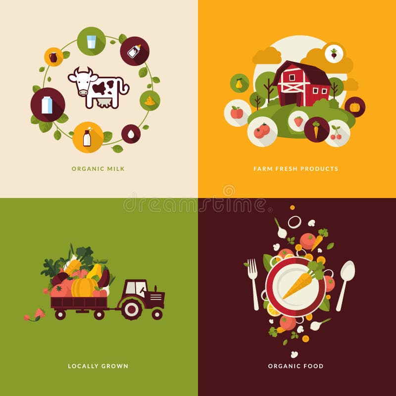 Flat design concept icons for organic food. Set of flat design concept icons for organic food and drink. Icons for organic milk, farm fresh products, locally stock illustration Flat design concept icons for organic food. Set of flat design concept icons for organic food and drink. Icons for organic milk, farm fresh products, locally stock illustration