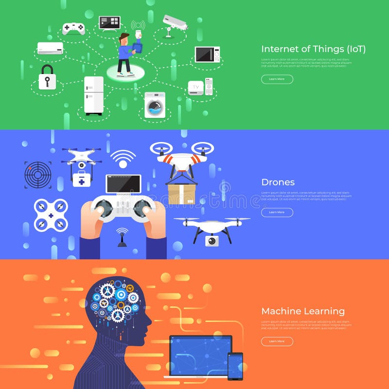 Flat design concept internet of thing, drones and machine learning. Vector Illustrate. royalty free illustration