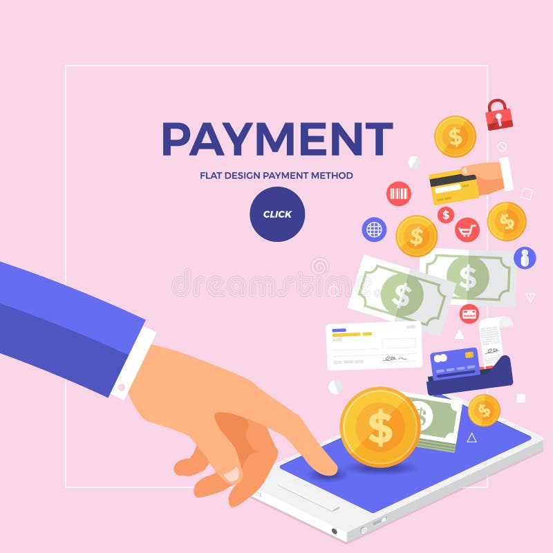 Flat design concept online payment with click on mobile. Vector stock illustration Flat design concept online payment with click on mobile. Vector stock illustration