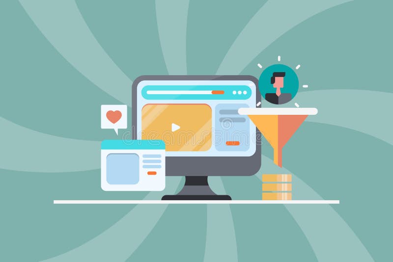 Video marketing increase conversion rate, sales funnel optimization, digital content for social media concept. vector illustration