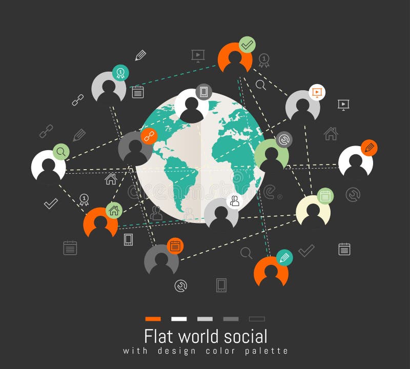 Flat design concept with world map and social network concept