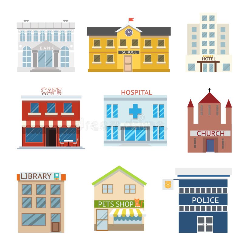 Flat design house buildings administrative religious commercial vector illustration royalty free illustration