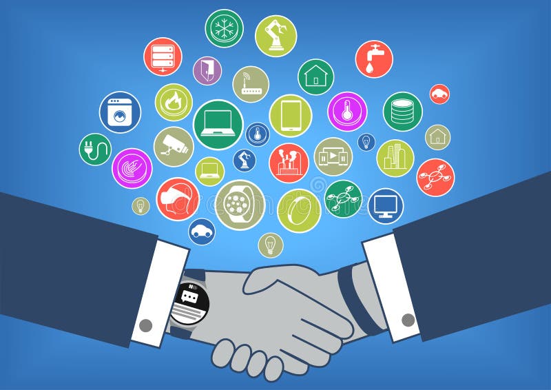 Flat design illustration of business transaction in internet of things era with hand shake and smart watch royalty free illustration