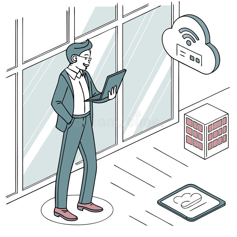 Flat design illustration of a businessman using laptop connected to cloud computing and wireless internet, symbolizing remote work royalty free illustration