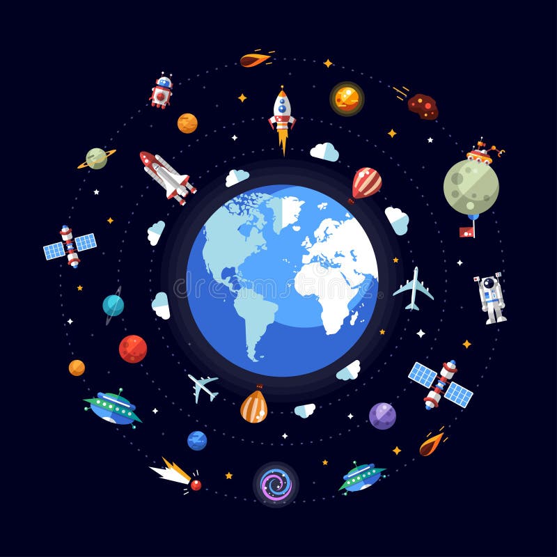 Flat design illustration of Earth with space icons vector illustration Flat design illustration of Earth with space icons vector illustration