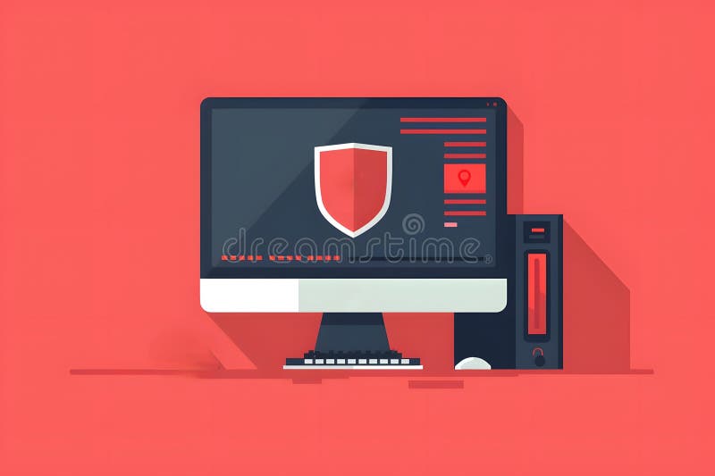 Flat Design Illustration of Computer with Security Icon on Screen on Red Background. Cybersecurity vector illustration