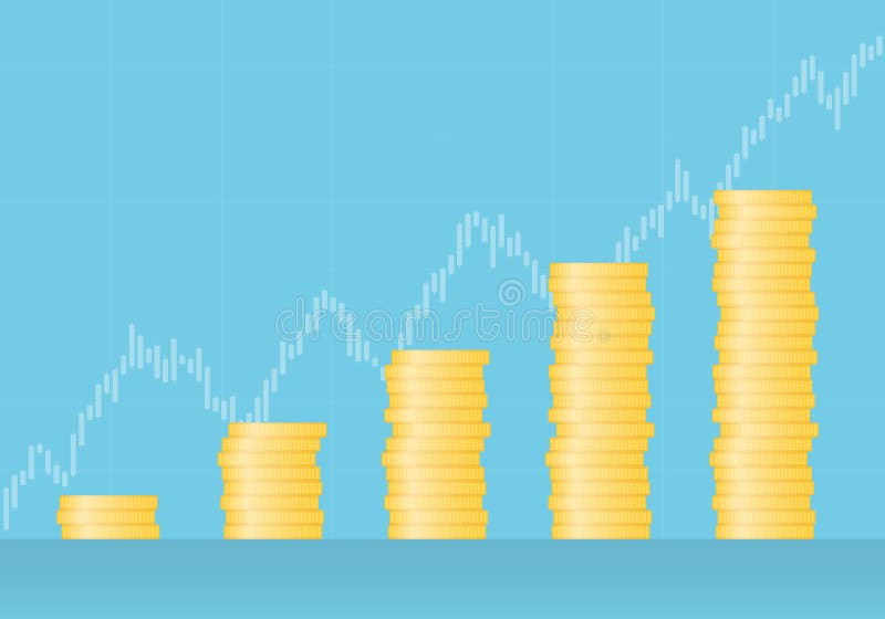Flat design illustration of graph made of gold coins with growing trend and candle chart in the background, vector stock illustration Flat design illustration of graph made of gold coins with growing trend and candle chart in the background, vector stock illustration
