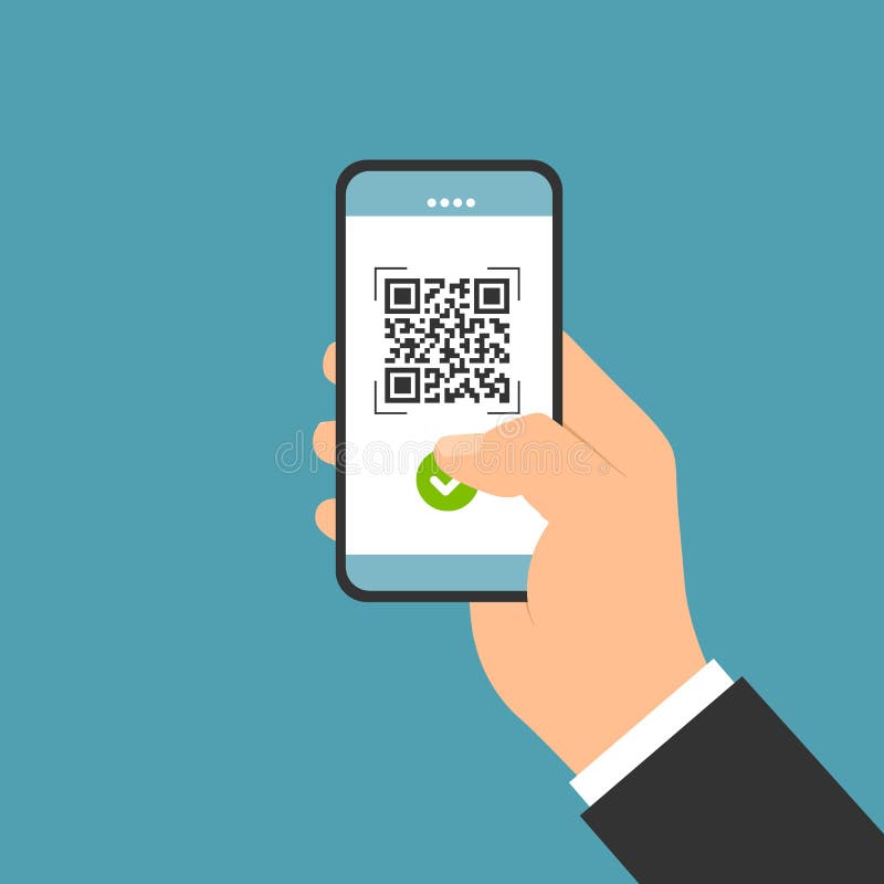 Flat design illustration of male hand holding touch screen mobile phone. QR code scan for payment, business vector vector illustration