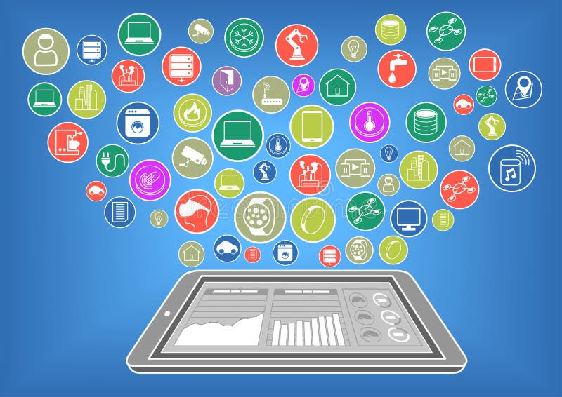 Flat design illustration of modern smart phone or tablet connected to the internet of things via cloud computing royalty free illustration