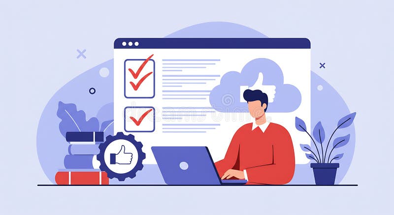 A flat design illustration shows a person working on a laptop, with a large screen vector illustration