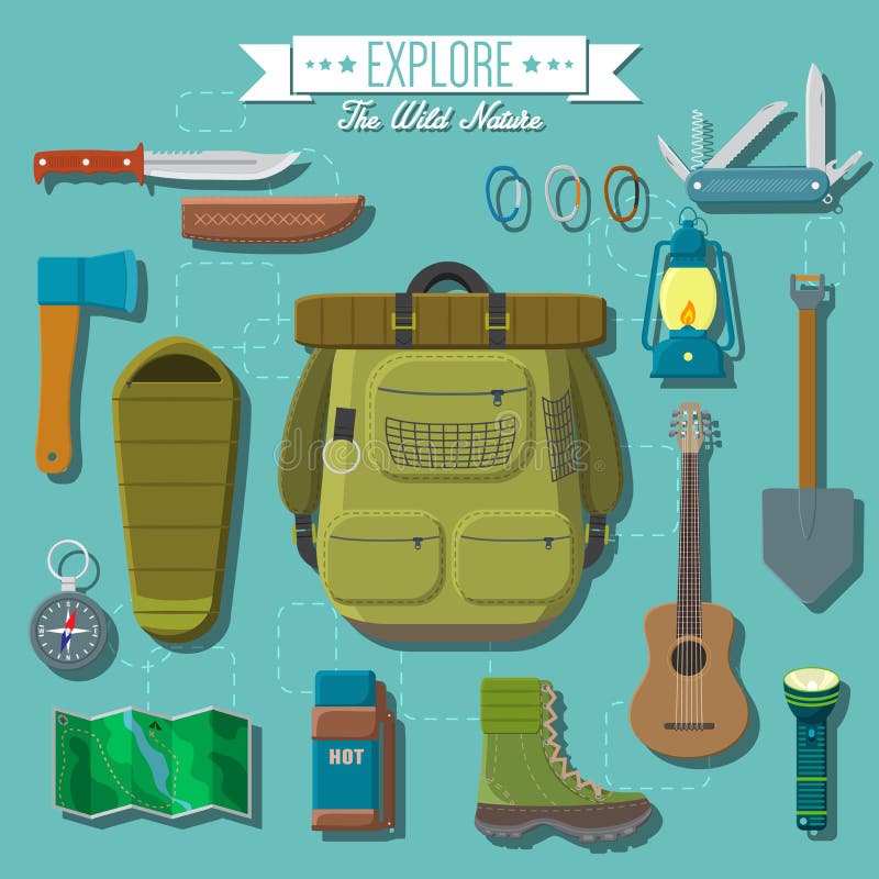 Flat design modern vector illustration of camping and hiking equipment set.