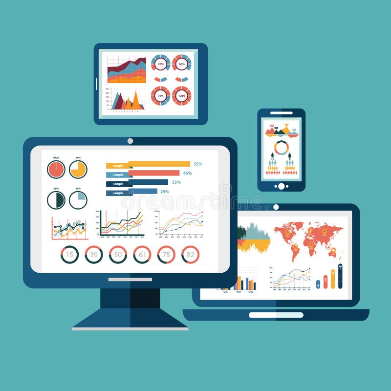 Flat design modern vector illustration concept of website analytics search information and computing data analysis using modern el stock illustration
