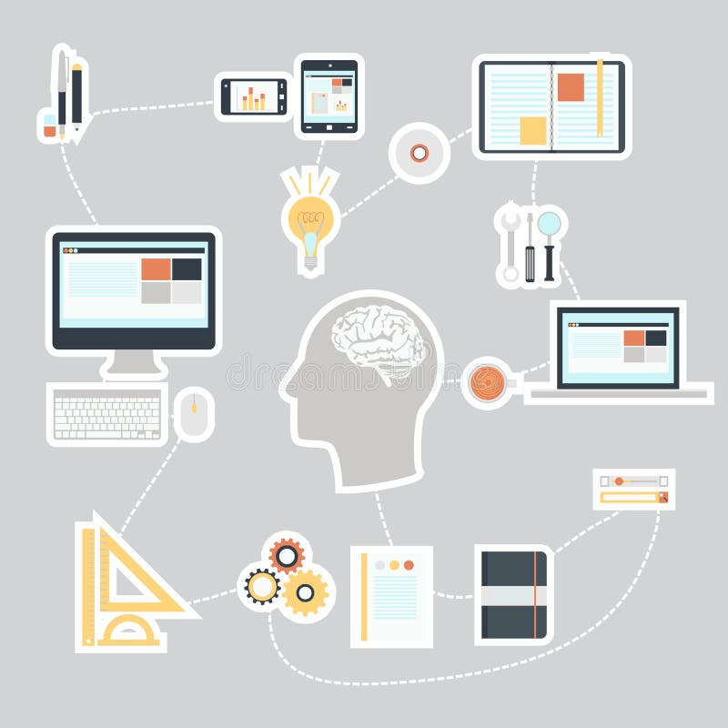 Flat design modern vector illustration icons set of SEO website searching optimization and technology development object and equipment in stylish colors.