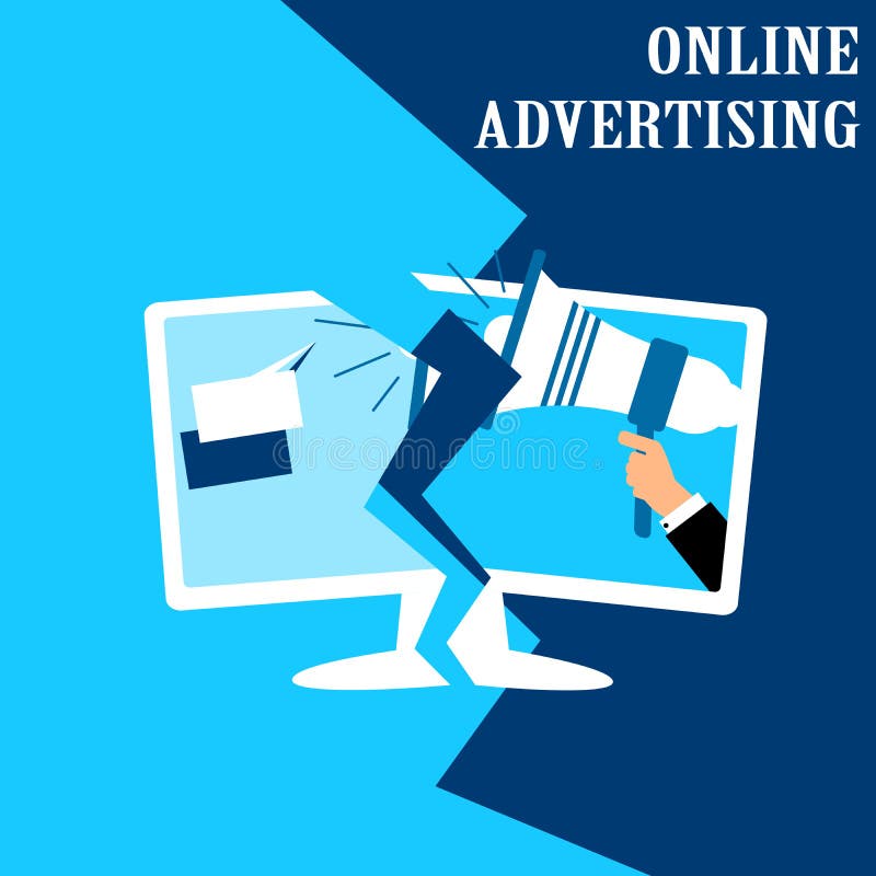 Concept illustration for online advertising. Vector flat design of monitor with businessman holding megaphone. royalty free illustration Concept illustration for online advertising. Vector flat design of monitor with businessman holding megaphone. royalty free illustration