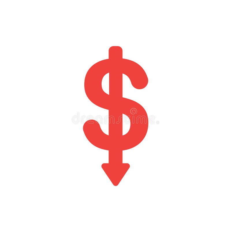 Flat design style vector concept of dollar symbol icon with arrow pointing down on white royalty free illustration Flat design style vector concept of dollar symbol icon with arrow pointing down on white royalty free illustration