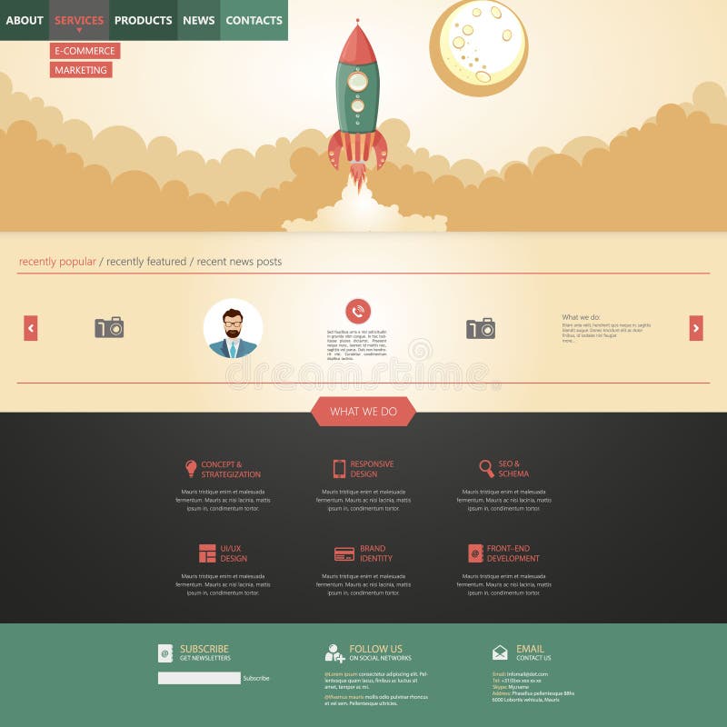 Flat design style website template with rocket retro spaceship illustration royalty free illustration