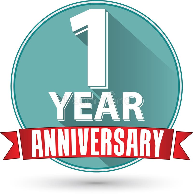 Flat Design 1 Year Anniversary Label with Red Ribbon, Vector Ill Stock ...
