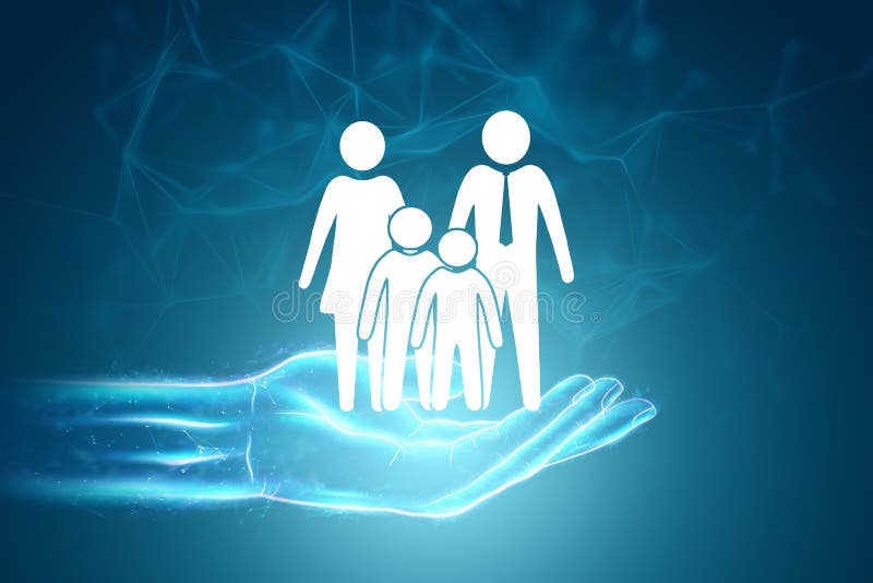 Flat figures of a family on a human hand on a blue background.. concept of protecting the family, preserving family values. stock illustration