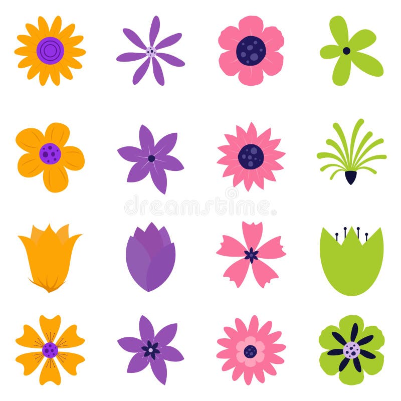 Flat Flower collection. Spring art prints with botanical elements. Happy Easter. Folk style. Poster for spring holiday. Flat Flower stock illustration