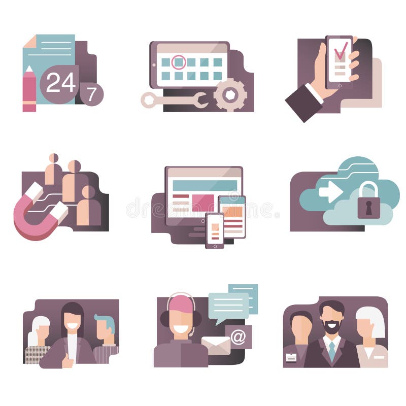 Flat gradient icons vector set in stylish colors of business people, web development, call center and seo concepts. Isolated on wh vector illustration Flat gradient icons vector set in stylish colors of business people, web development, call center and seo concepts. Isolated on wh vector illustration