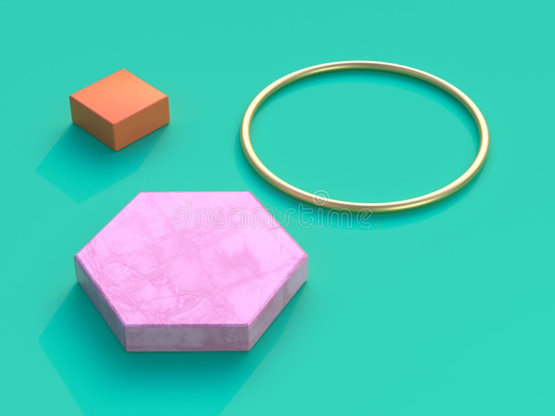 Flat ground green background pink hexagon gold circle orange square 3d rendering