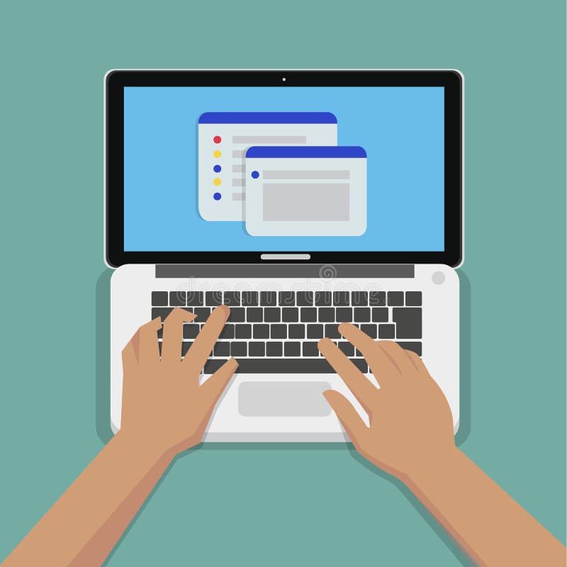 Flat Hands typing on white keyboard with laptop computer vector illustration