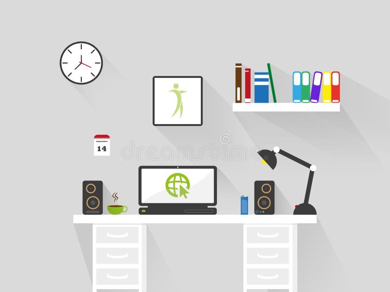 Flat Home Office Workspace Interior . Long Shadow Vector Background Stock  Vector - Illustration of home, clock: 62218316