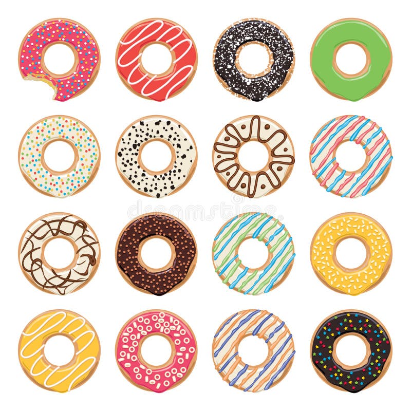 Flat icons of glazed colorful donuts, vector vector illustration