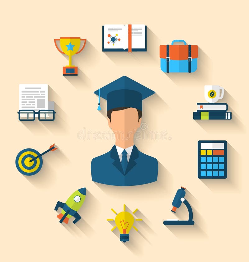 Flat icons of magister and objects for high school and college