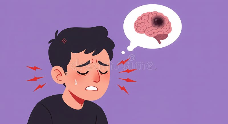 Flat illustration of a character with a slight headache and a small pain indicator, with a thought bubble showing a brain with a large dark spot, depicting the fear of a severe illness and the disconnect between reality and perception. Brain disconnect illustrations