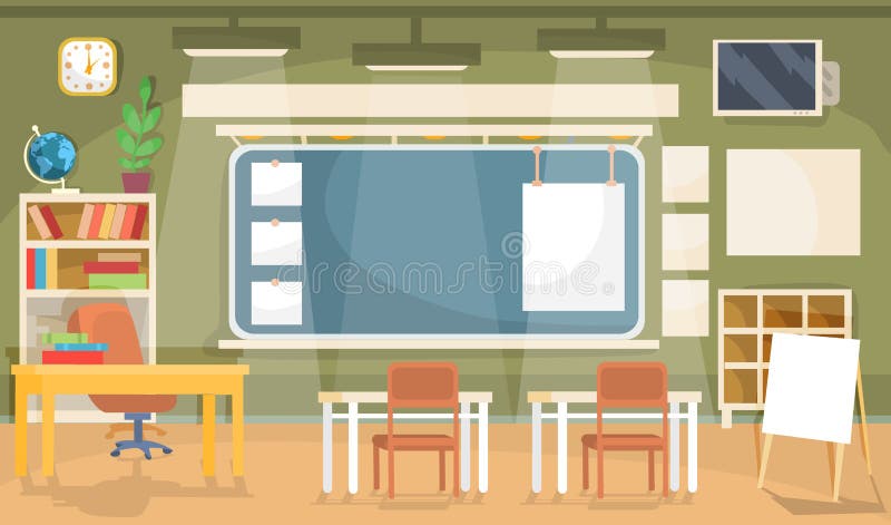 Flat illustration of an empty classroom in a school, university, college, institute stock illustration