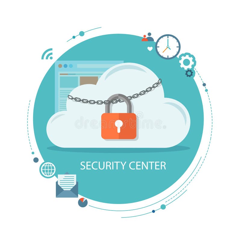 Flat illustration of security center. Cloud with lock and icons royalty free illustration