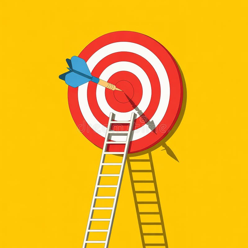 Ladder to Red Target with Blue Dart on Yellow Background, Flat Style royalty free illustration