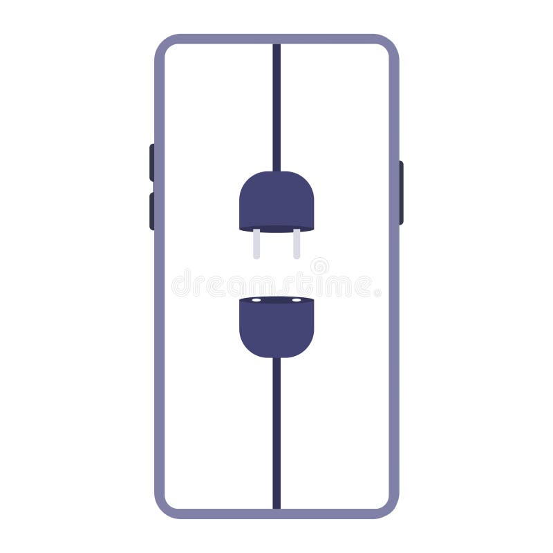 A flat illustration of a smartphone charging with a plug and a cord. The smartphone is shown in the middle of the image with a stock illustration