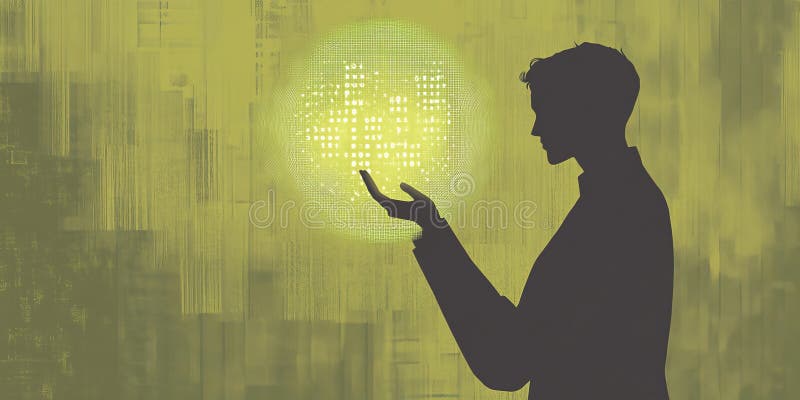 Trader silhouette holding crypto orb amid binary digits on olive background. Flat image of a trader’s silhouette holding a glowing crypto orb, binary digits orbiting, against a muted olive background with a subtle herringbone pattern, created for a crypto banner. --ar 16:8