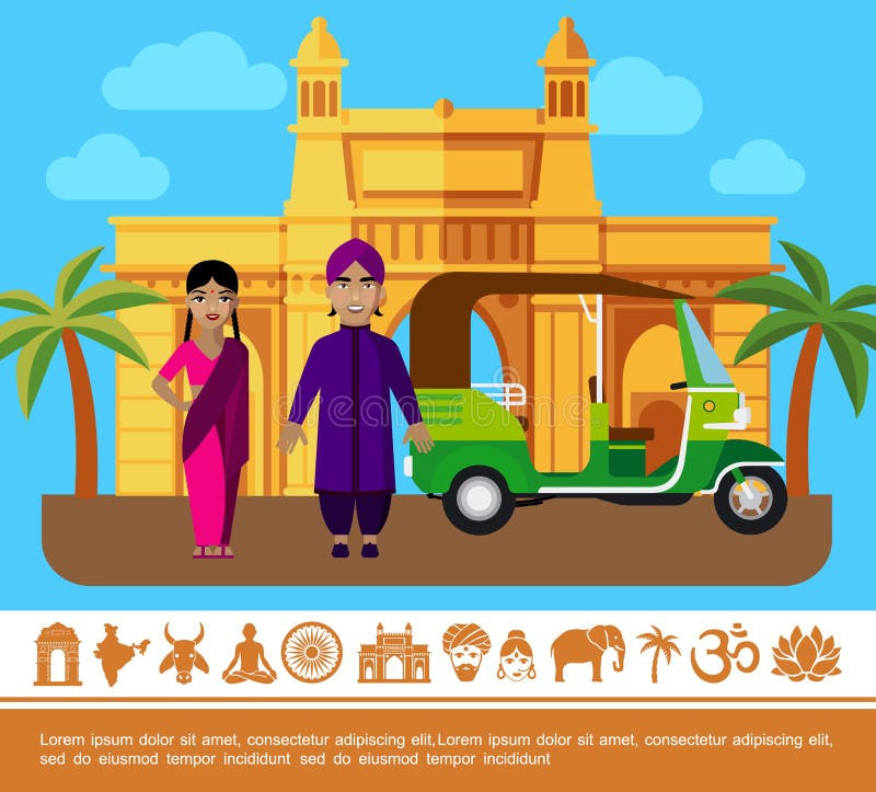 Flat Indien reser färgstarkt koncept vektor illustrationer Flat Indien reser färgstarkt koncept vektor illustrationer