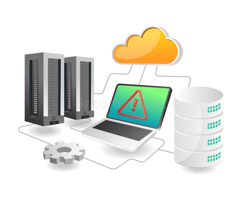 Flat isometric concept illustration. cloud server security issue warning stock illustration