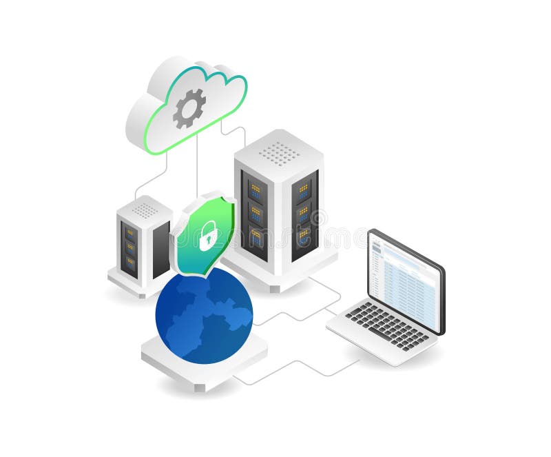 Flat isometric concept of world data security server illustration royalty free illustration