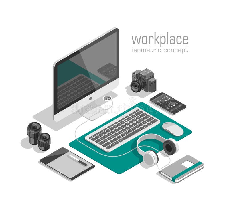Flat isometric 3d technology designer workspace concept vector. Laptop, smart phone, camera, tablet, player. stock illustration Flat isometric 3d technology designer workspace concept vector. Laptop, smart phone, camera, tablet, player. stock illustration