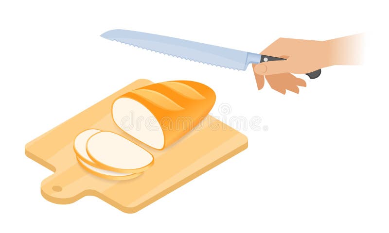 Flat isometric illustration of cutting board, loaf of bread, knife.