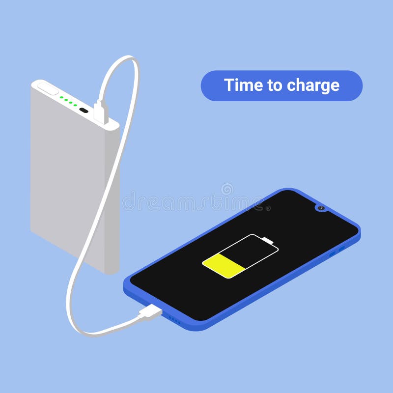 Flat isometric Smartphone connection with power bank via USB cable. Vector 3d illustration. Isometry frameless phone vector illustration Flat isometric Smartphone connection with power bank via USB cable. Vector 3d illustration. Isometry frameless phone vector illustration