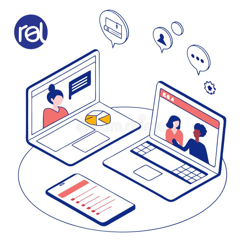 Flat isometric vector of online meeting and remote teamwork with laptops, mobile device, chat, and video call screens. Perfect for vector illustration