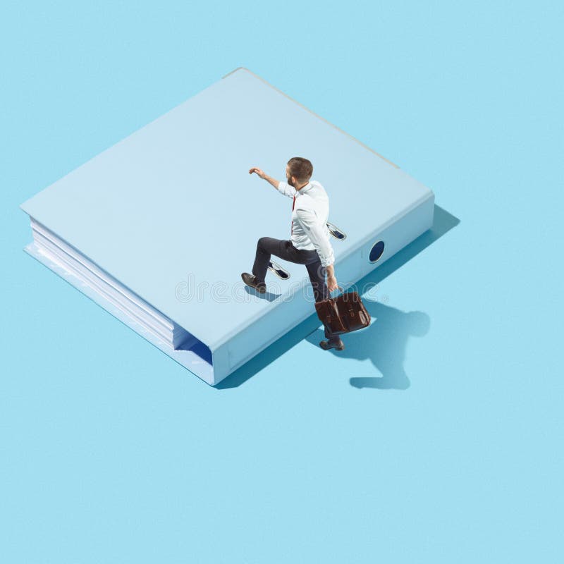 Flat isometric view of businessman going at folder with documents with empty copy space stock photography