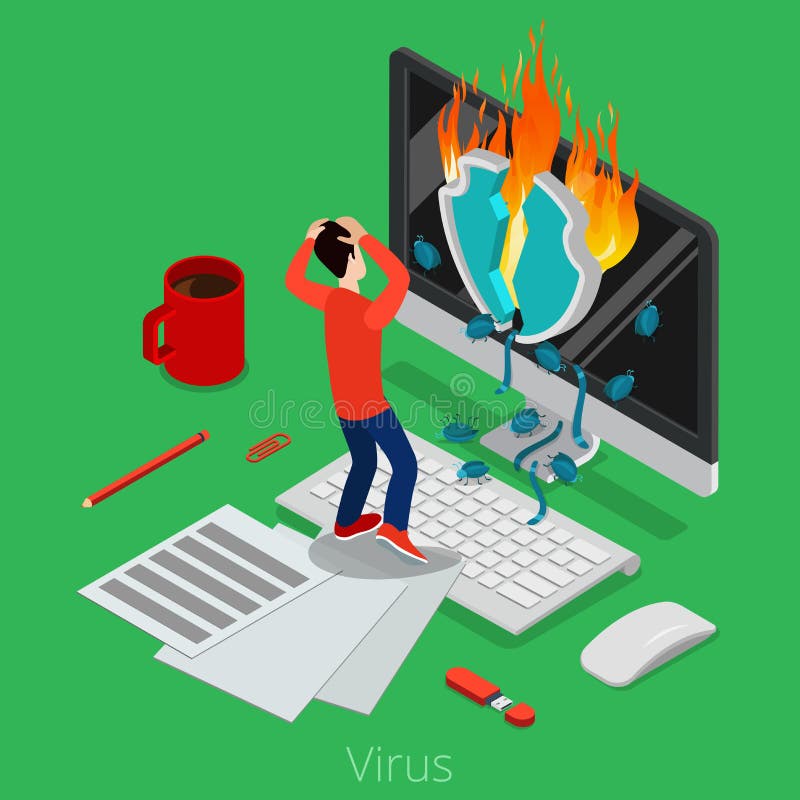 Flat isometric virus bug screen user malware softw vector illustration