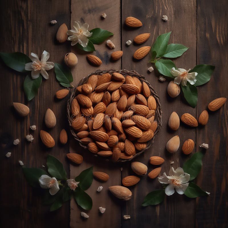 Flat lay of almonds arranged in a decorative pattern stock illustration